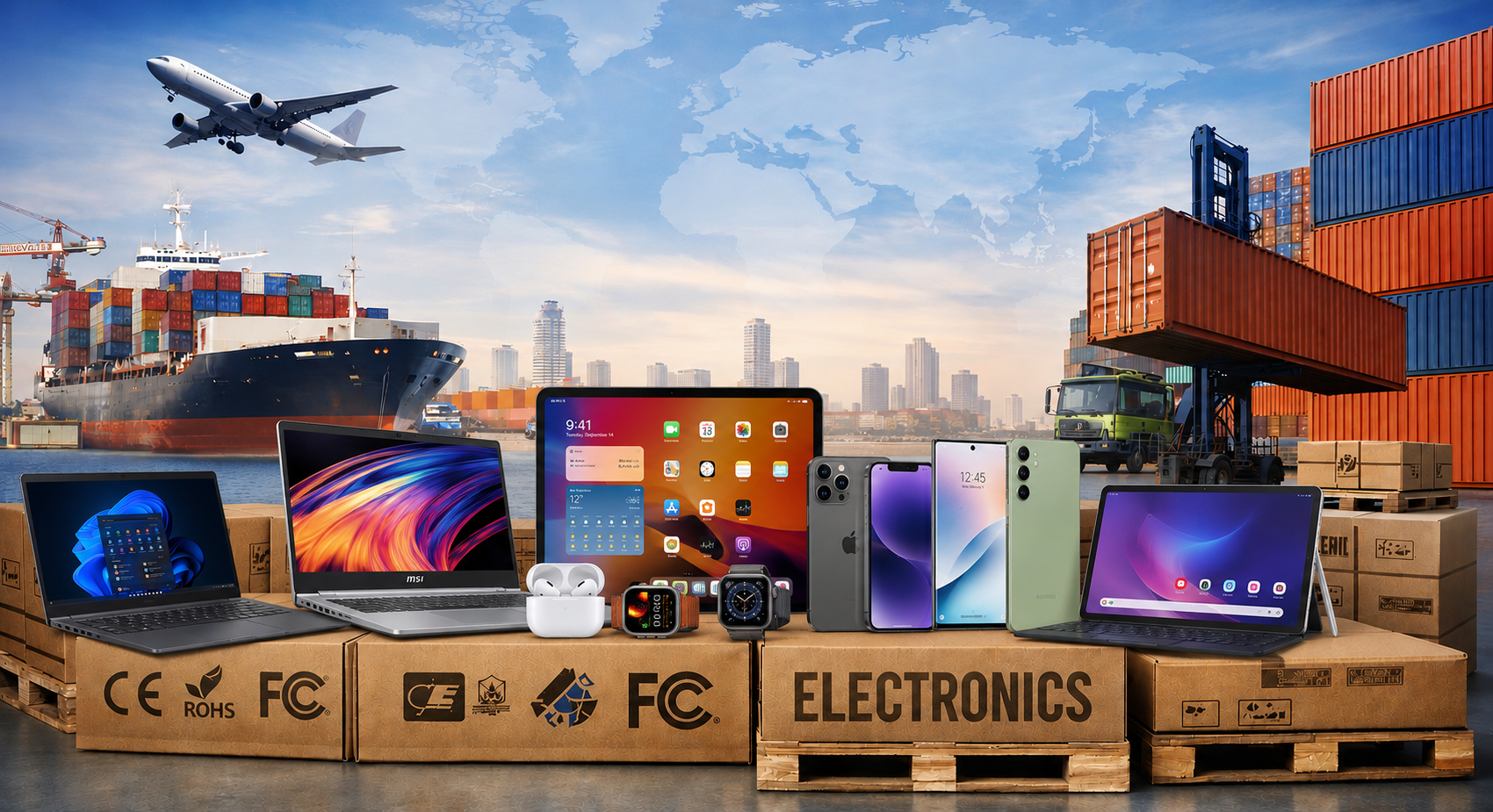 Bulk electronics export — laptops, tablets and phones on pallets at a shipping port